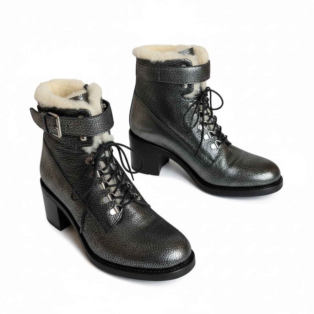 FREE LANCE Paris Shearling Lined Leather Combat Boots EU 39 Silver Metallic - Picture 2 of 14